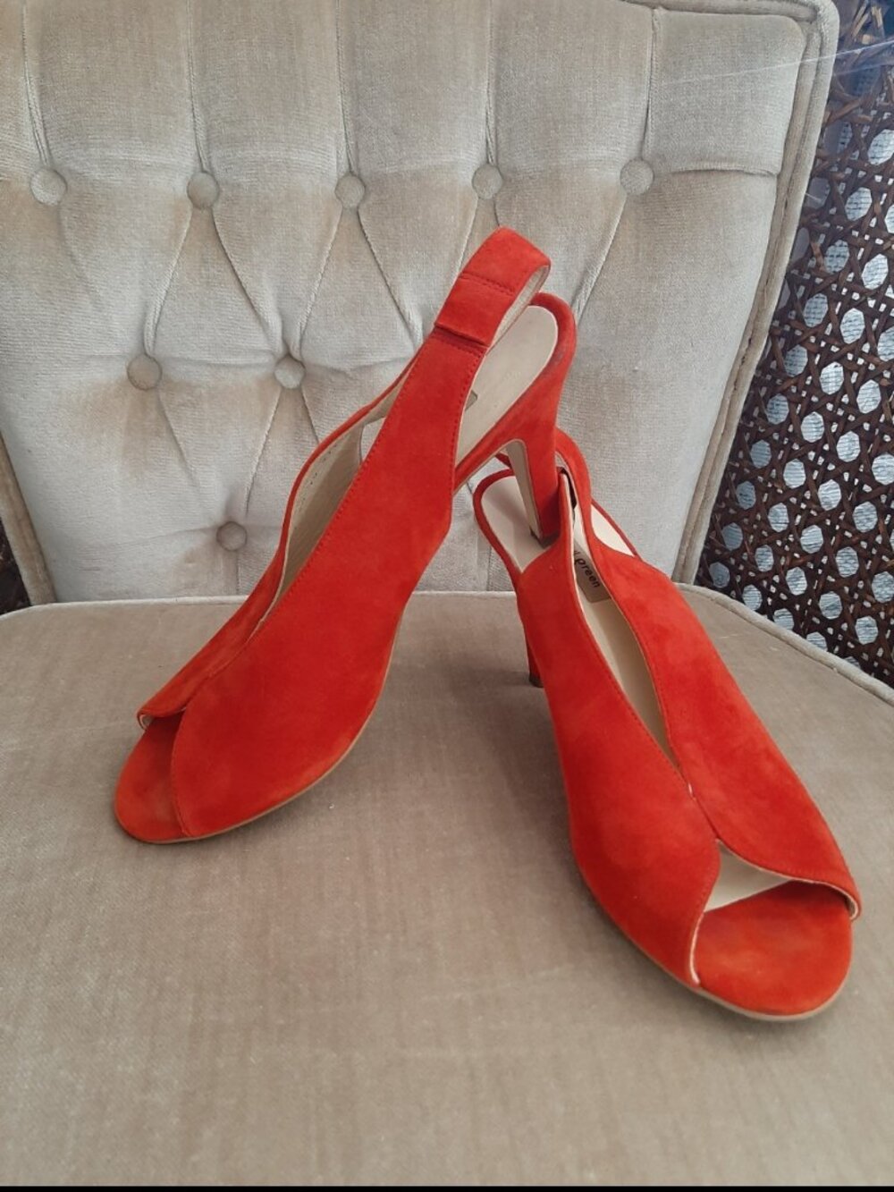 High end designer Paul green suede leather heels red made in Austria peep toe